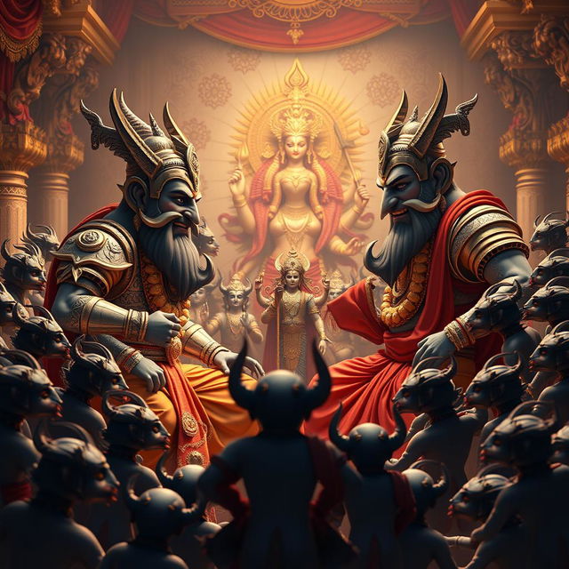 A dynamic 3D image depicting Shumbh and Nishumbh in an ornate sabha (court) engaged in an animated discussion about the beauty of Devi Kaushiki