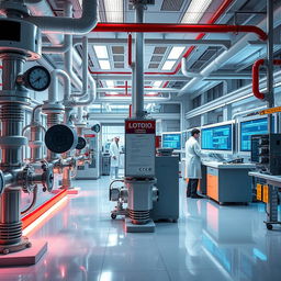 A futuristic and advanced chemical company workspace showcasing open and closed valves, state-of-the-art lab equipment, and prominently featuring a Lockout Tagout (LOTO) system for safety