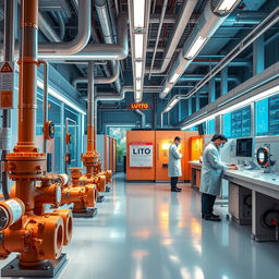 A futuristic and advanced chemical company workspace showcasing open and closed valves, state-of-the-art lab equipment, and prominently featuring a Lockout Tagout (LOTO) system for safety