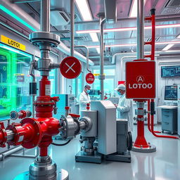 A futuristic and advanced chemical company workspace showcasing open and closed valves, state-of-the-art lab equipment, and prominently featuring a Lockout Tagout (LOTO) system for safety