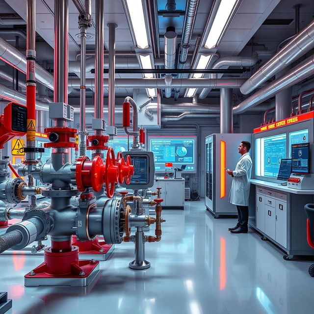 A futuristic and advanced chemical company workspace showcasing open and closed valves, state-of-the-art lab equipment, and prominently featuring a Lockout Tagout (LOTO) system for safety