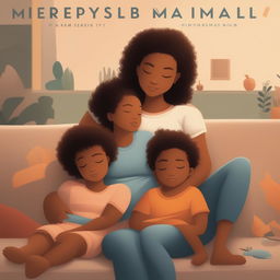 The image, perfect for a book cover, depicts a tired, light-skinned mother sitting on a sofa, almost asleep, with her two children playing around her