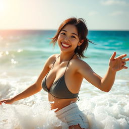 A beautiful young Asian woman joyfully playing on the beach, facing the camera with a carefree smile as waves gently crash around her