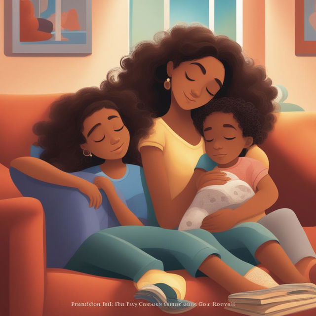 The image, perfect for a book cover, depicts a tired, light-skinned mother sitting on a sofa, almost asleep, with her two children playing around her