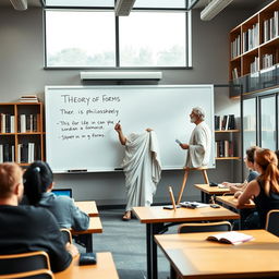 In a modern classroom, the philosopher Plato stands at the front, passionately writing his famous work 'Theory of Forms' on a sleek, whiteboard