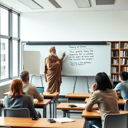 In a modern classroom, the philosopher Plato stands at the front, passionately writing his famous work 'Theory of Forms' on a sleek, whiteboard