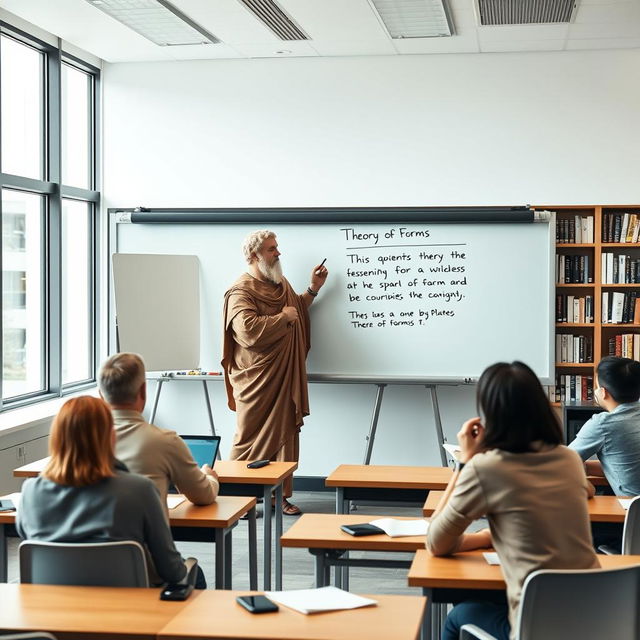 In a modern classroom, the philosopher Plato stands at the front, passionately writing his famous work 'Theory of Forms' on a sleek, whiteboard