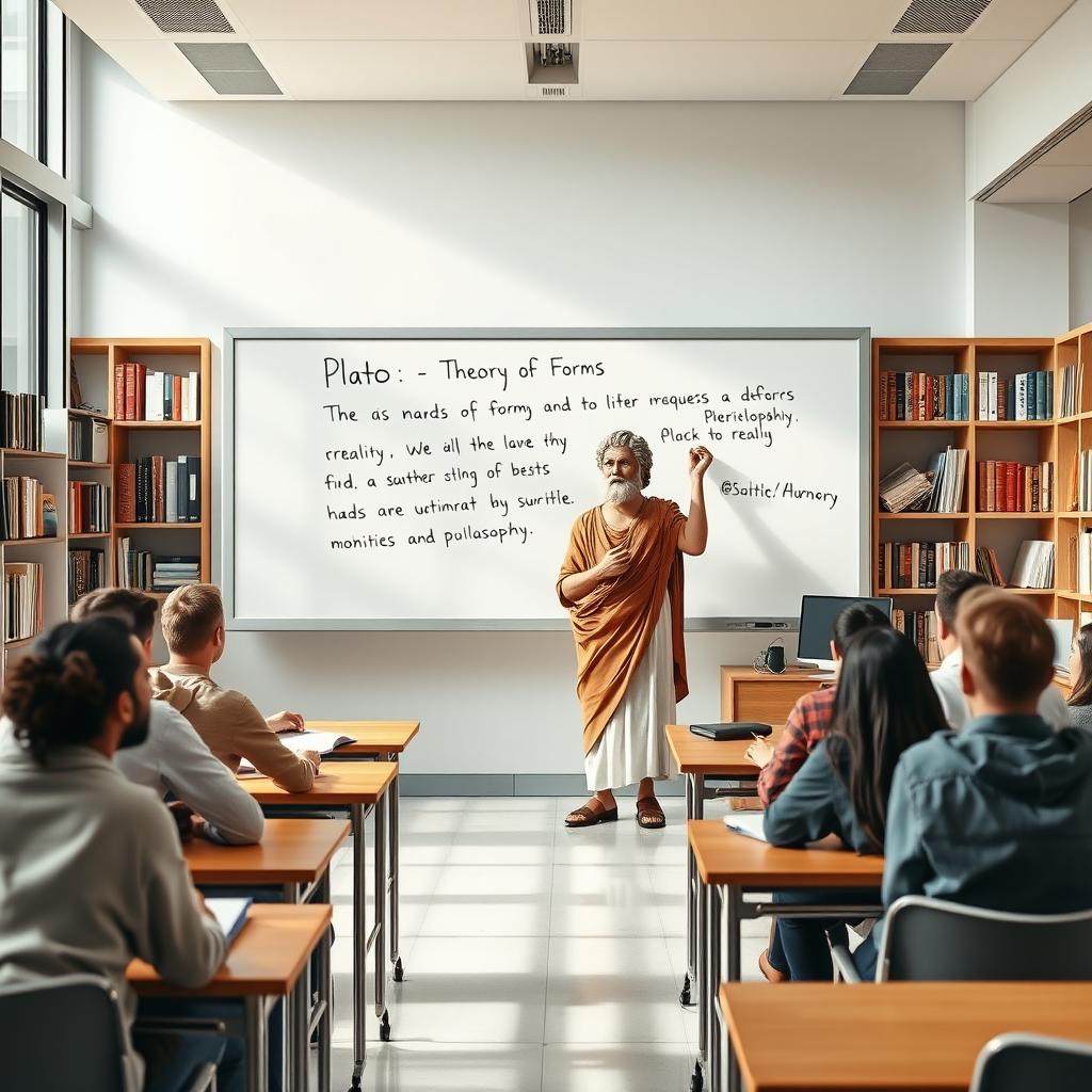 In a modern classroom, the philosopher Plato stands at the front, passionately writing his famous work 'Theory of Forms' on a sleek, whiteboard