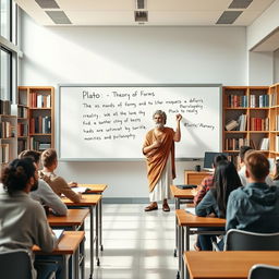 In a modern classroom, the philosopher Plato stands at the front, passionately writing his famous work 'Theory of Forms' on a sleek, whiteboard