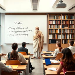 In a modern classroom, the philosopher Plato stands at the front, passionately writing his famous work 'Theory of Forms' on a sleek, whiteboard