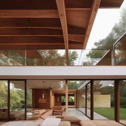 A lengthy living room in a mid-century modern style architecture, featuring an inbuilt seater, large glass openings, and a striking truss mezzanine level above. The room is designed to exude a sense of spaciousness and classic elegance.