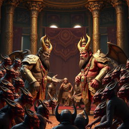 A captivating 3D image depicting Shumbh and Nishumbh in their magnificent sabha (court) engaged in an intense discussion