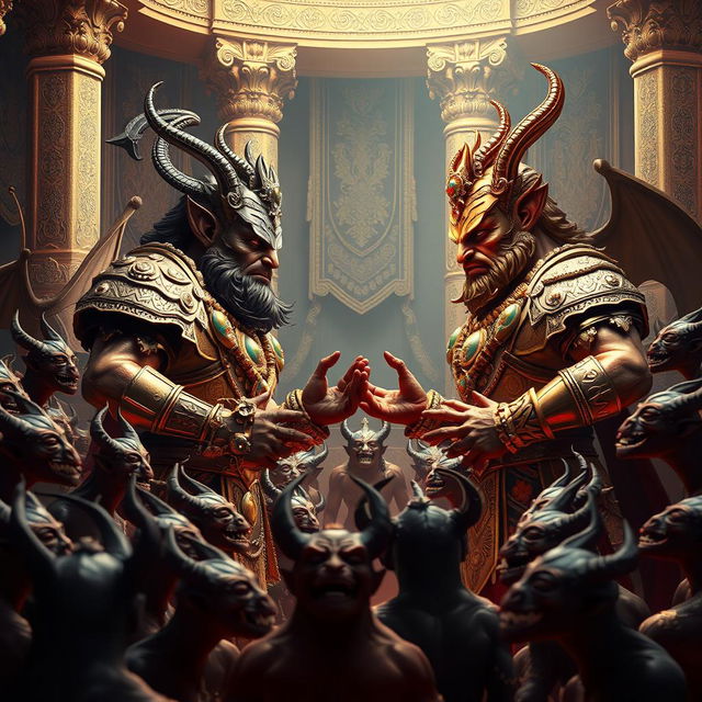 A captivating 3D image depicting Shumbh and Nishumbh in their magnificent sabha (court) engaged in an intense discussion
