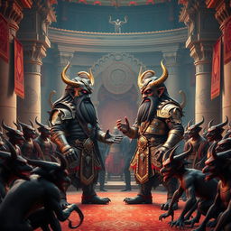 A captivating 3D image depicting Shumbh and Nishumbh in their magnificent sabha (court) engaged in an intense discussion