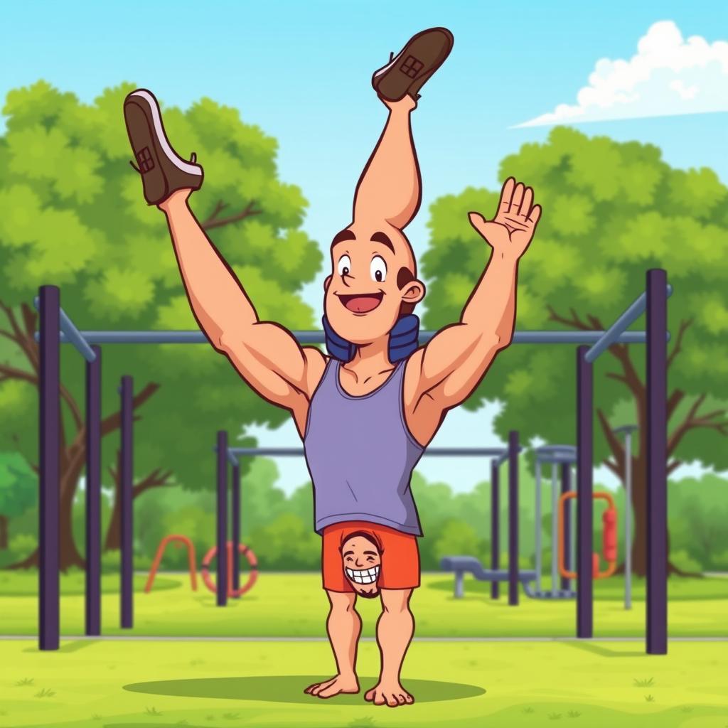 A cartoon man with a slightly muscular build performing a handstand exercise in a calisthenics park