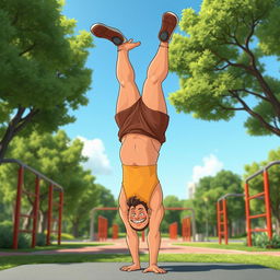 A cartoon man with a slightly muscular build performing a handstand exercise in a calisthenics park