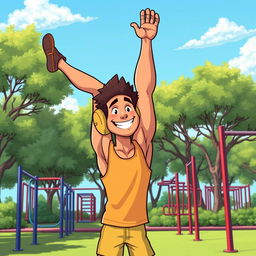 A cartoon man with a slightly muscular build performing a handstand exercise in a calisthenics park