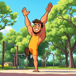 A cartoon man with a slightly muscular build performing a handstand exercise in a calisthenics park