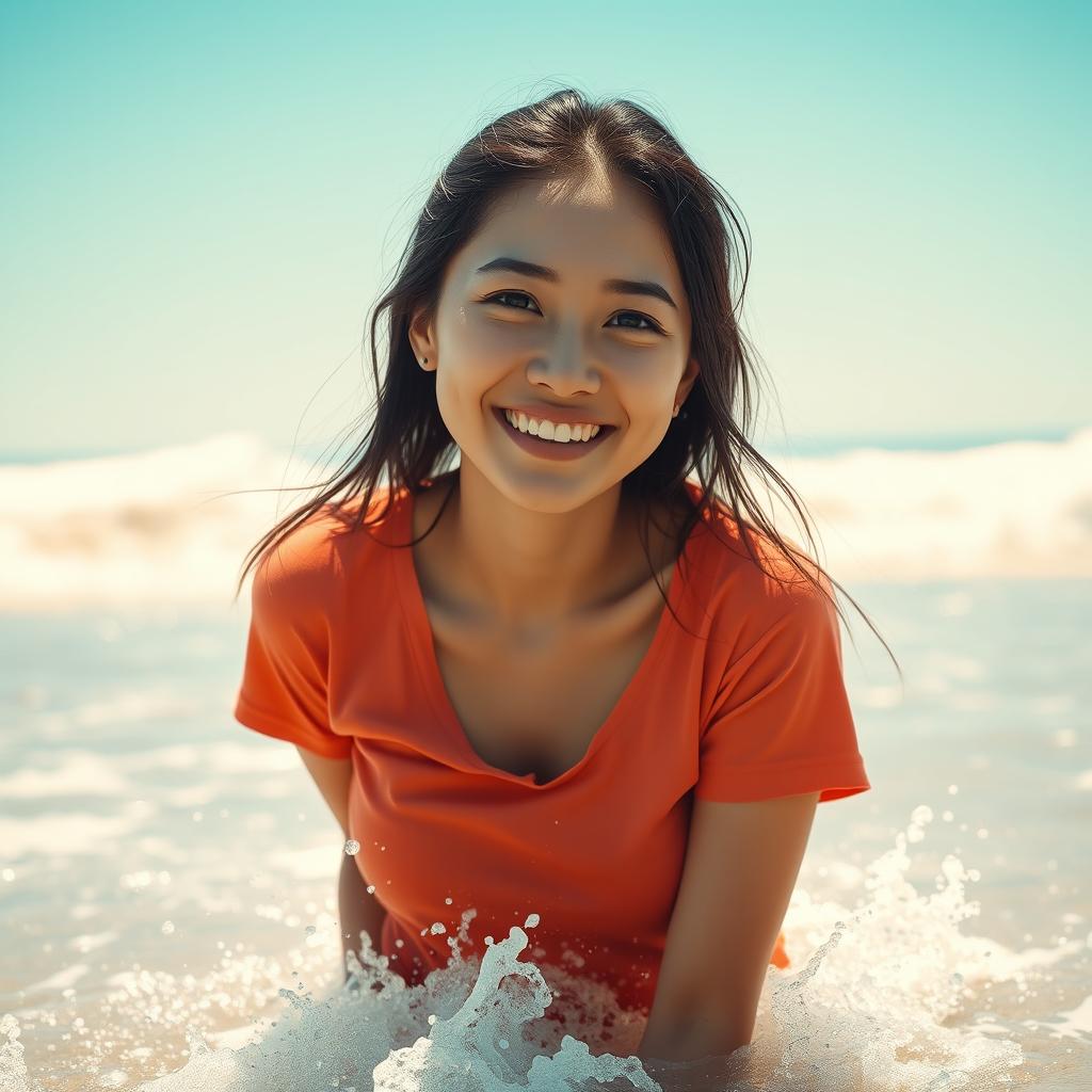 A beautiful young Asian woman wearing a wet t-shirt, playfully splashing at the beach with waves crashing around her, facing the camera with a carefree smile