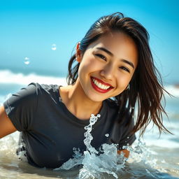 A beautiful young Asian woman wearing a wet t-shirt, playfully splashing at the beach with waves crashing around her, facing the camera with a carefree smile
