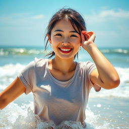 A beautiful young Asian woman wearing a wet t-shirt, playfully splashing at the beach with waves crashing around her, facing the camera with a carefree smile