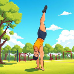 A cartoon man with a slightly muscular build performing a handstand exercise in a calisthenics park