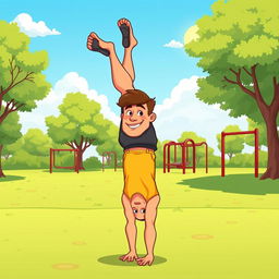 A cartoon man with a slightly muscular build performing a handstand exercise in a calisthenics park
