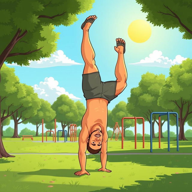 A cartoon man with a slightly muscular build performing a handstand exercise in a calisthenics park