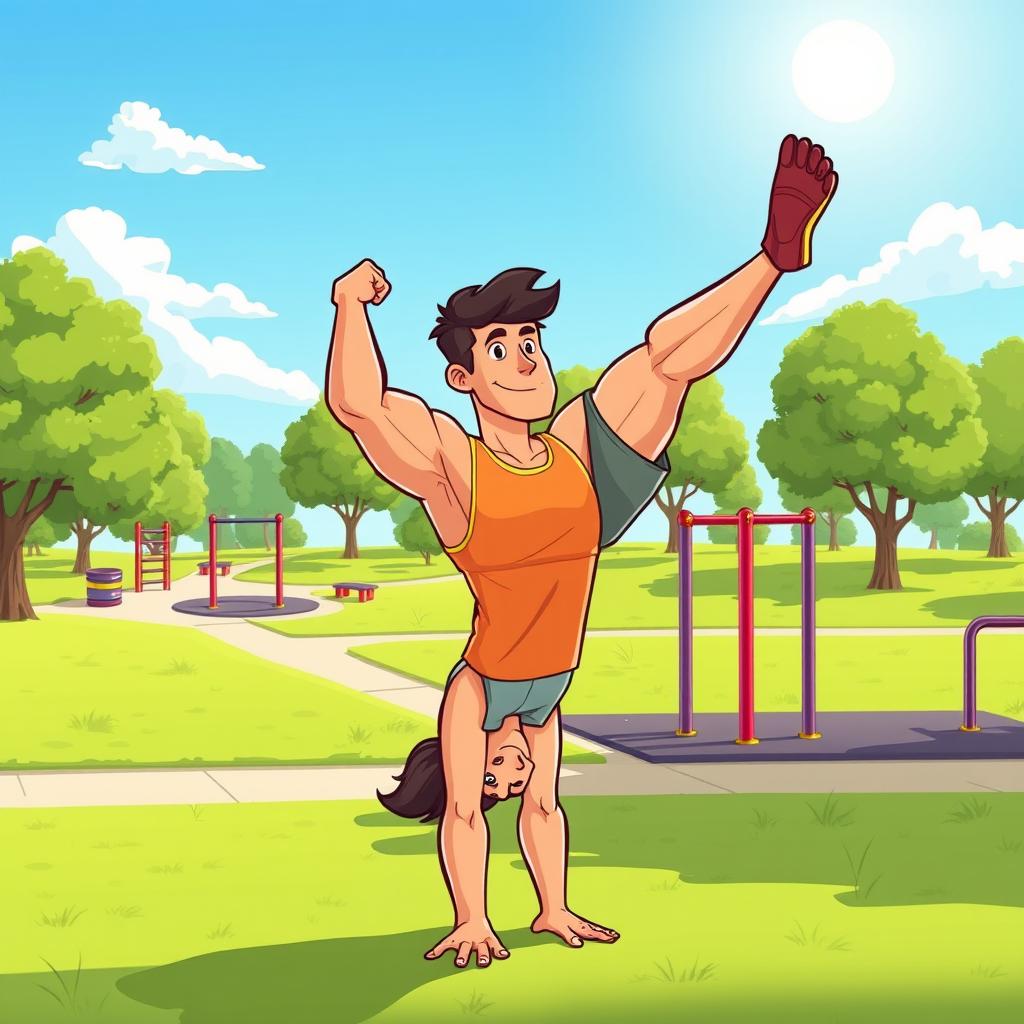 A cartoon man with a slightly muscular build performing a handstand exercise in a calisthenics park
