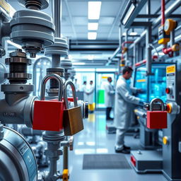 A futuristic and advanced chemical company workspace featuring open and closed valves alongside high-tech lab equipment