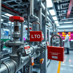 A futuristic and advanced chemical company workspace featuring open and closed valves alongside high-tech lab equipment