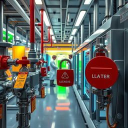 A futuristic and advanced chemical company workspace featuring open and closed valves alongside high-tech lab equipment