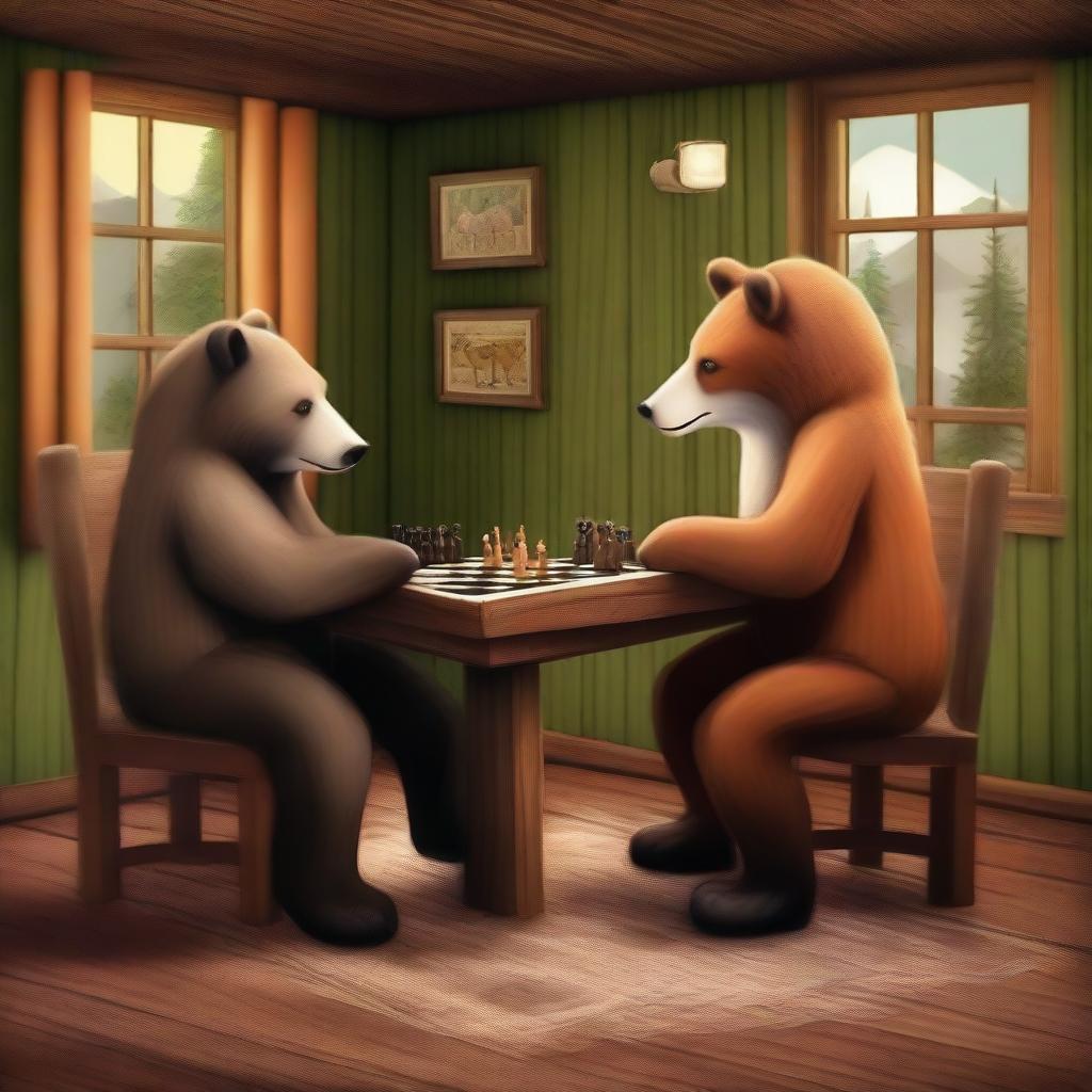 A high-quality digital art image depicts a bear and a fox deeply engrossed in a game of chess