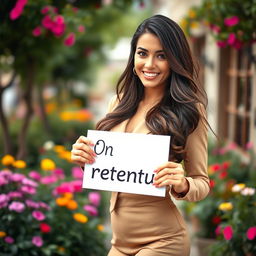 A stunning 30-year-old woman with long, flowing hair stands confidently holding a sign that reads: "On se rencontre !?" She is dressed in an elegant and fashionable outfit that showcases her alluring beauty, complemented by a bright and engaging smile