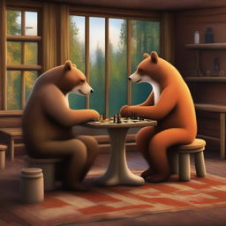 A high-quality digital art image depicts a bear and a fox deeply engrossed in a game of chess