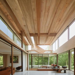 A lengthy living room in a mid-century modern style architecture, featuring an inbuilt seater, large glass openings, and a striking truss mezzanine level above. The room is designed to exude a sense of spaciousness and classic elegance.