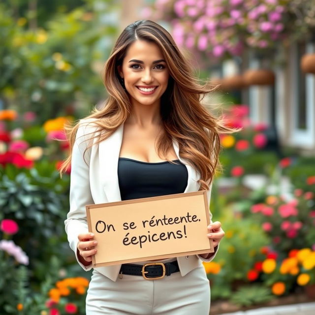 A stunning 30-year-old woman with long, flowing hair stands confidently holding a sign that reads: "On se rencontre !?" She is dressed in an elegant and fashionable outfit that showcases her alluring beauty, complemented by a bright and engaging smile