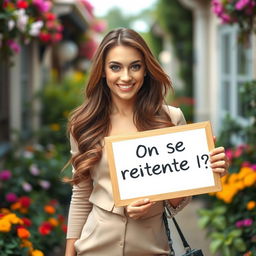 A stunning 30-year-old woman with long, flowing hair stands confidently holding a sign that reads: "On se rencontre !?" She is dressed in an elegant and fashionable outfit that showcases her alluring beauty, complemented by a bright and engaging smile