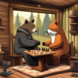 A high-quality digital art image depicts a bear and a fox deeply engrossed in a game of chess