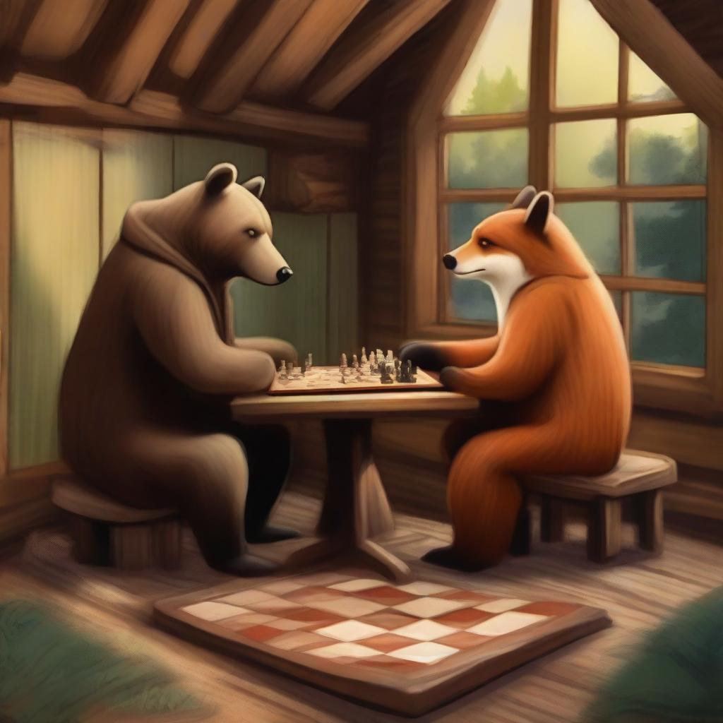 A high-quality digital art image depicts a bear and a fox deeply engrossed in a game of chess