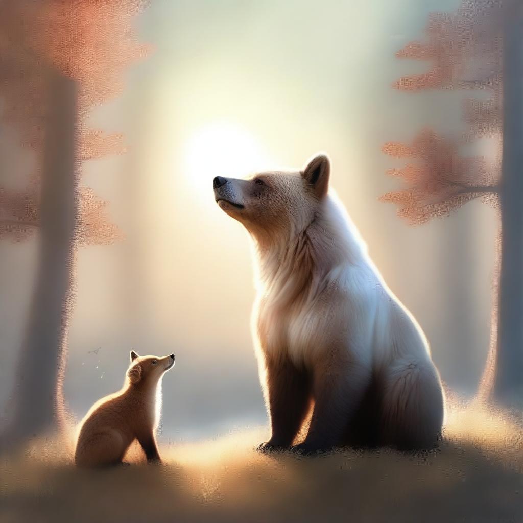 This is a high-quality digital art image that portrays a bear standing alongside a fox with angelic features