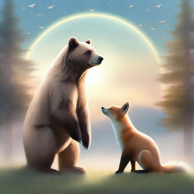 This is a high-quality digital art image that portrays a bear standing alongside a fox with angelic features