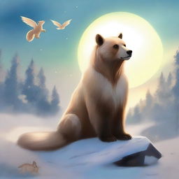 This is a high-quality digital art image that portrays a bear standing alongside a fox with angelic features