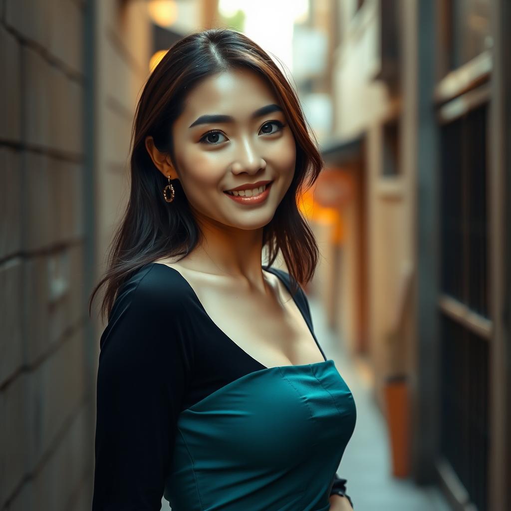A beautiful Asian woman, dressed elegantly, walking gracefully down a narrow alley