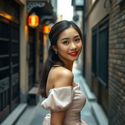 A beautiful Asian woman, dressed elegantly, walking gracefully down a narrow alley