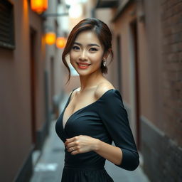 A beautiful Asian woman, dressed elegantly, walking gracefully down a narrow alley