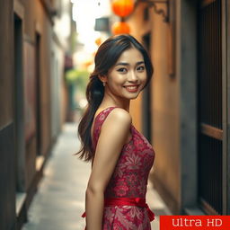 A beautiful Asian woman, dressed elegantly, walking gracefully down a narrow alley