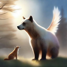 This is a high-quality digital art image that portrays a bear standing alongside a fox with angelic features