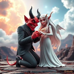 A striking 3D image of a devil character kneeling on one knee, presenting a lavish ring to a stunningly beautiful goddess
