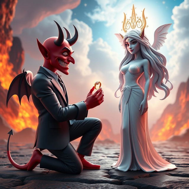 A striking 3D image of a devil character kneeling on one knee, presenting a lavish ring to a stunningly beautiful goddess